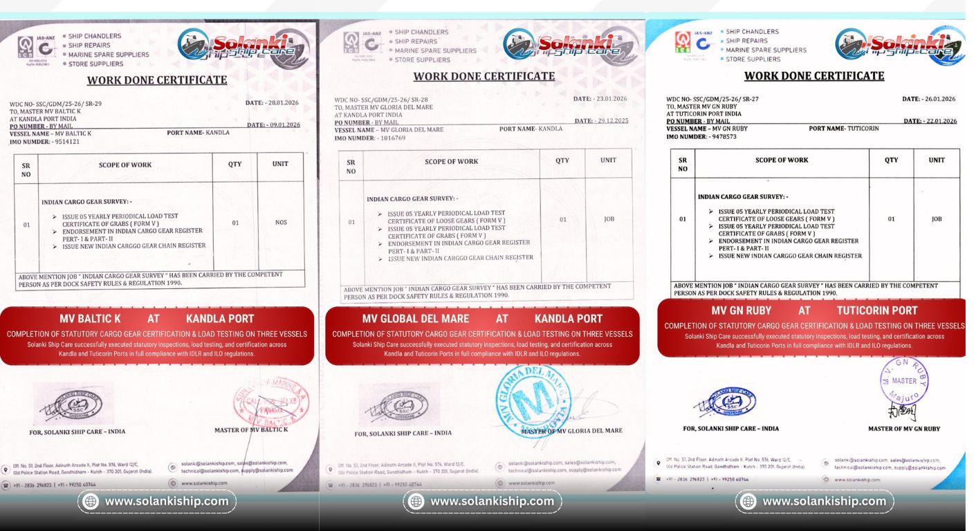 COMPLETION OF STATUTORY CARGO GEAR CERTIFICATION & LOAD TESTING ON THREE VESSELS