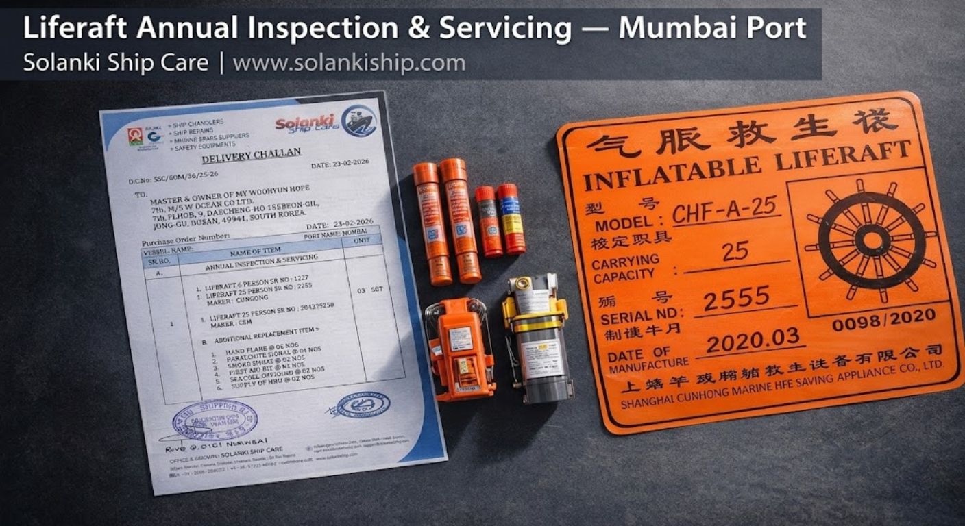 Liferaft Annual Inspection Completed with Excellence at Mumbai Port | Solanki Ship Care